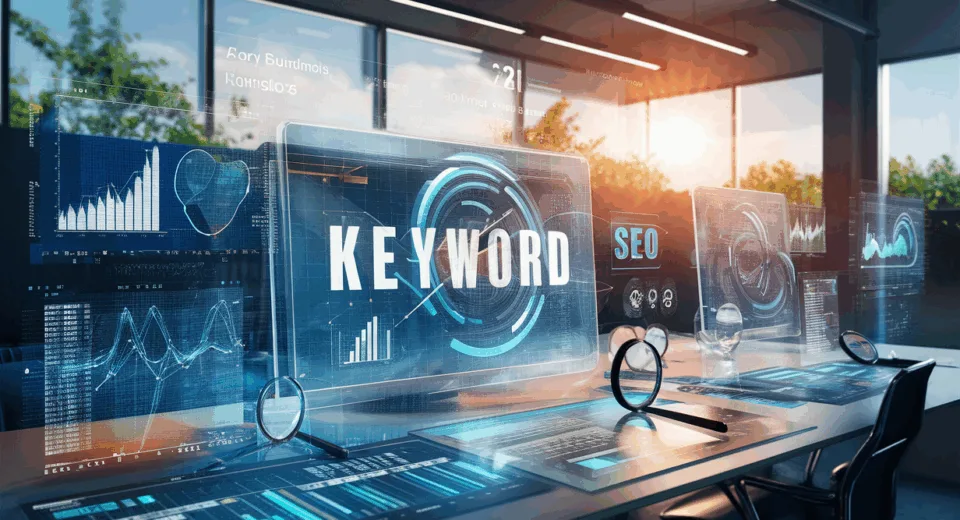 Realistic digital workspace showcasing keyword research and SEO analytics with transparent data screens and graphs in a modern IT environment under natural daylight.