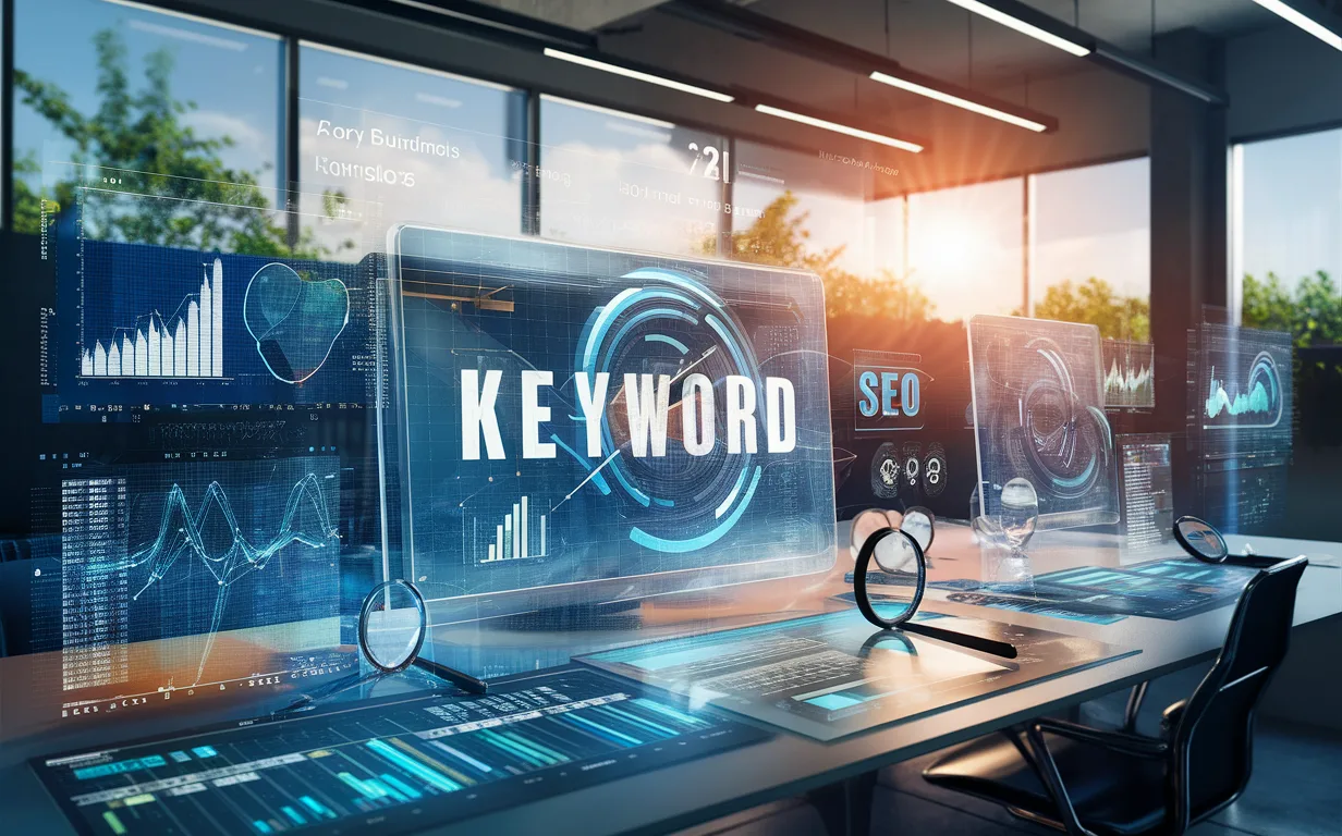 Realistic digital workspace showcasing keyword research and SEO analytics with transparent data screens and graphs in a modern IT environment under natural daylight.