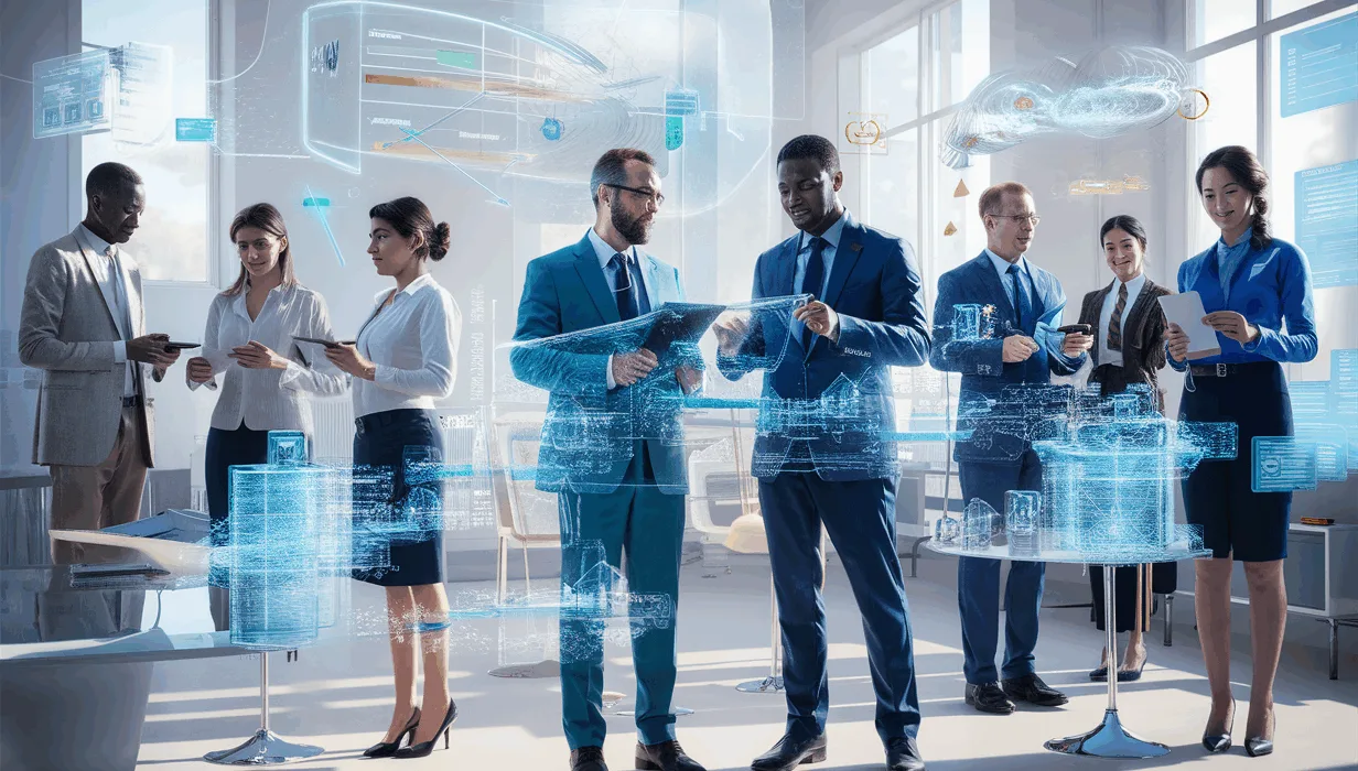 A realistic office scene showing professionals interacting with futuristic digital workflow diagrams and automation in a modern technology setting symbolizing business process automation.