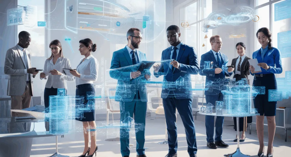 A realistic office scene showing professionals interacting with futuristic digital workflow diagrams and automation in a modern technology setting symbolizing business process automation.