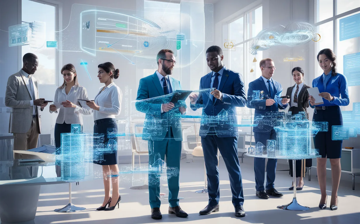 A realistic office scene showing professionals interacting with futuristic digital workflow diagrams and automation in a modern technology setting symbolizing business process automation.