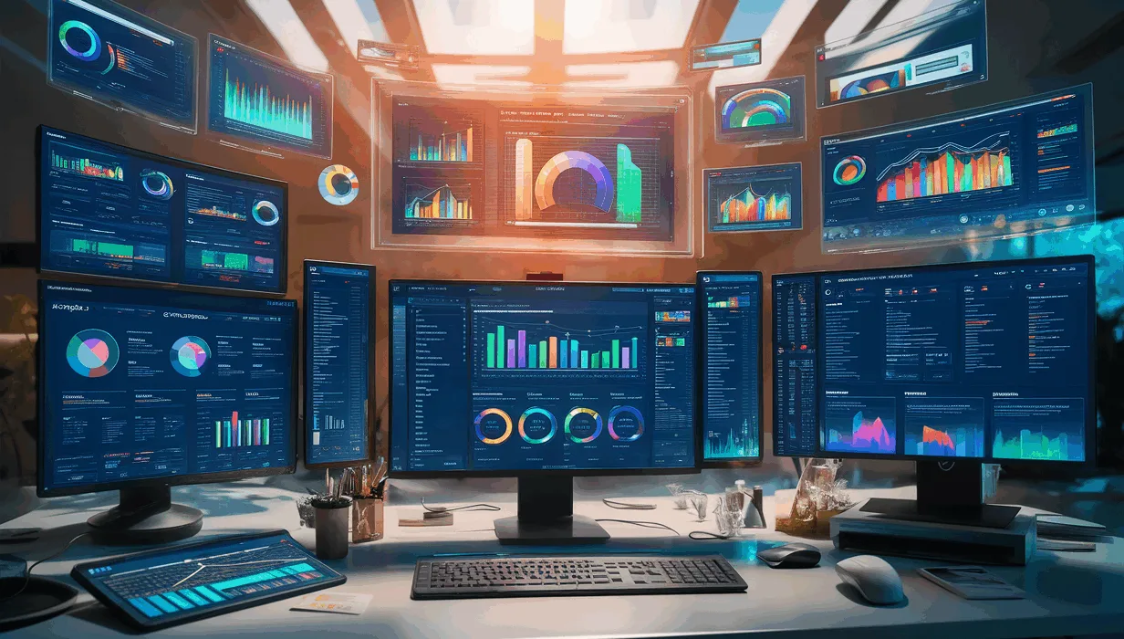 Realistic image of a no-code website builder platform with multiple digital screens displaying website designs and analytics, representing professional digital experience creation for agencies and small businesses.