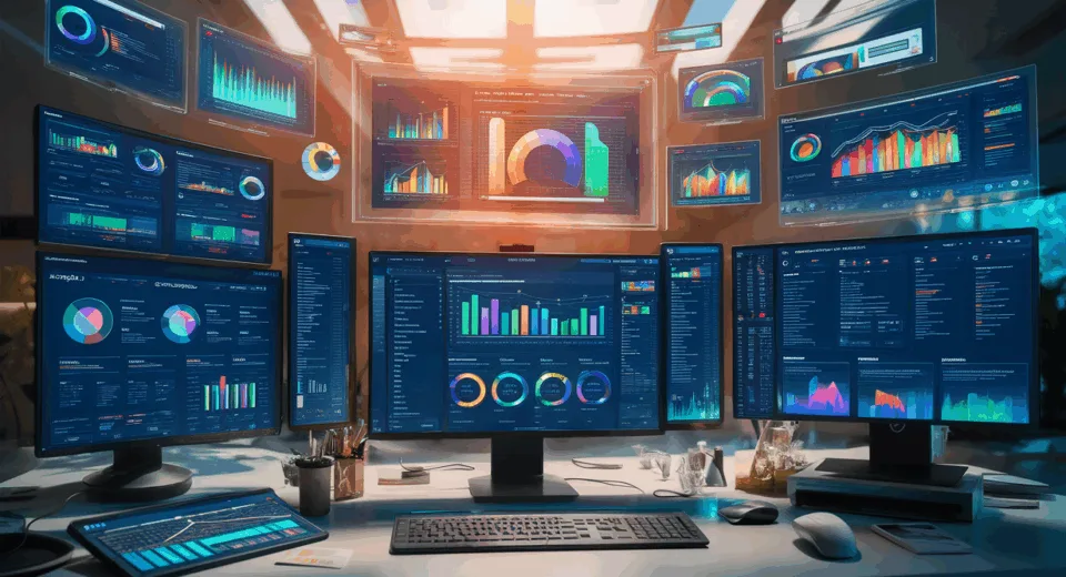 Realistic image of a no-code website builder platform with multiple digital screens displaying website designs and analytics, representing professional digital experience creation for agencies and small businesses.