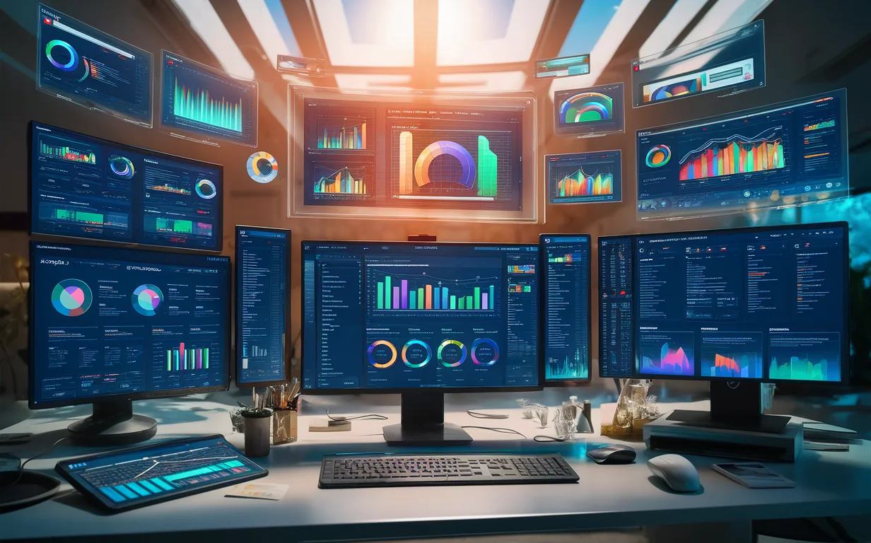Realistic image of a no-code website builder platform with multiple digital screens displaying website designs and analytics, representing professional digital experience creation for agencies and small businesses.
