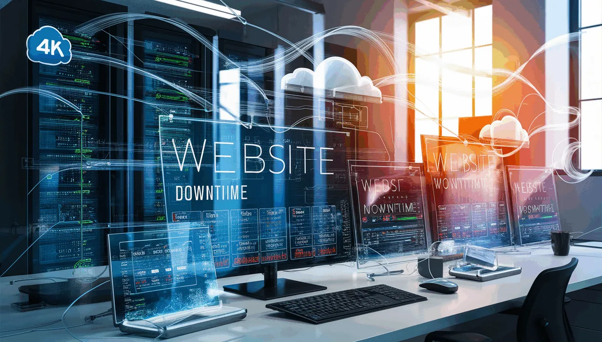 Real-time website monitoring setup showing live status indicators, data flow, and servers in a modern IT workspace.