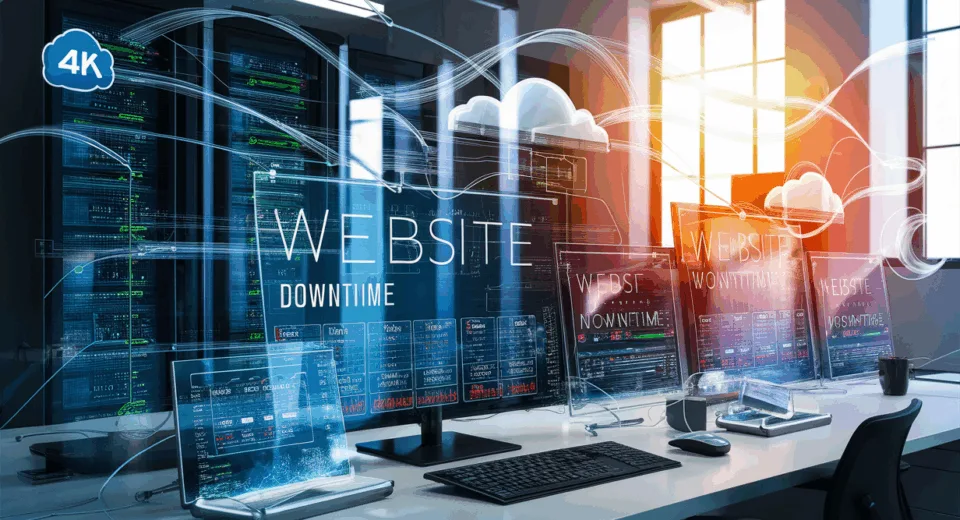 Real-time website monitoring setup showing live status indicators, data flow, and servers in a modern IT workspace.