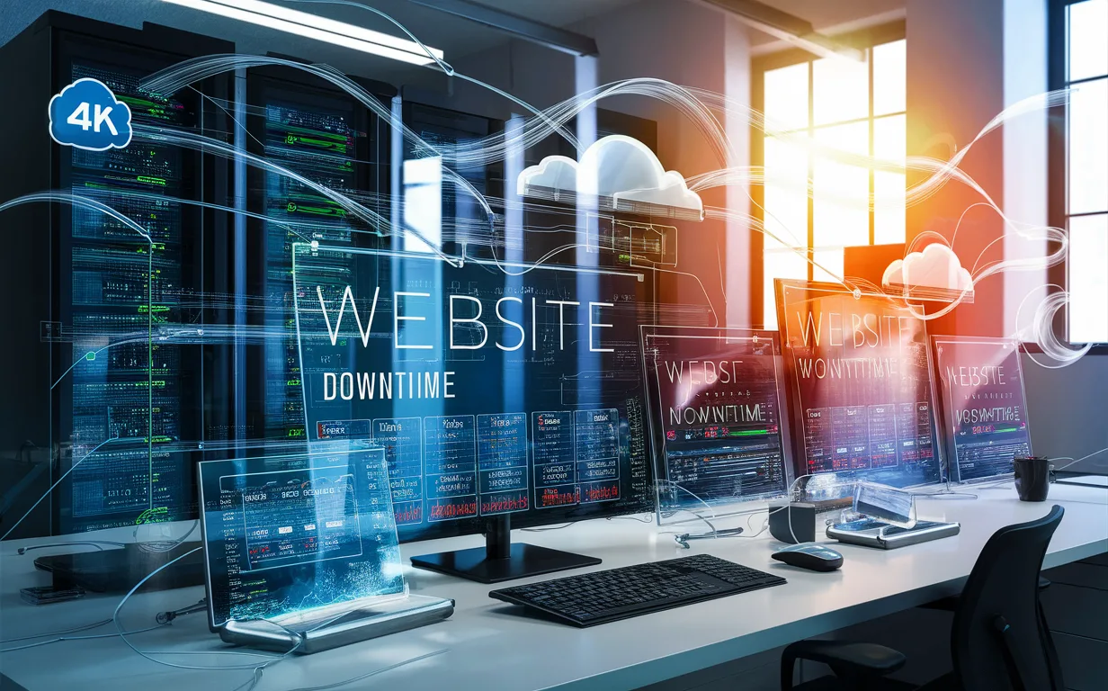 Real-time website monitoring setup showing live status indicators, data flow, and servers in a modern IT workspace.
