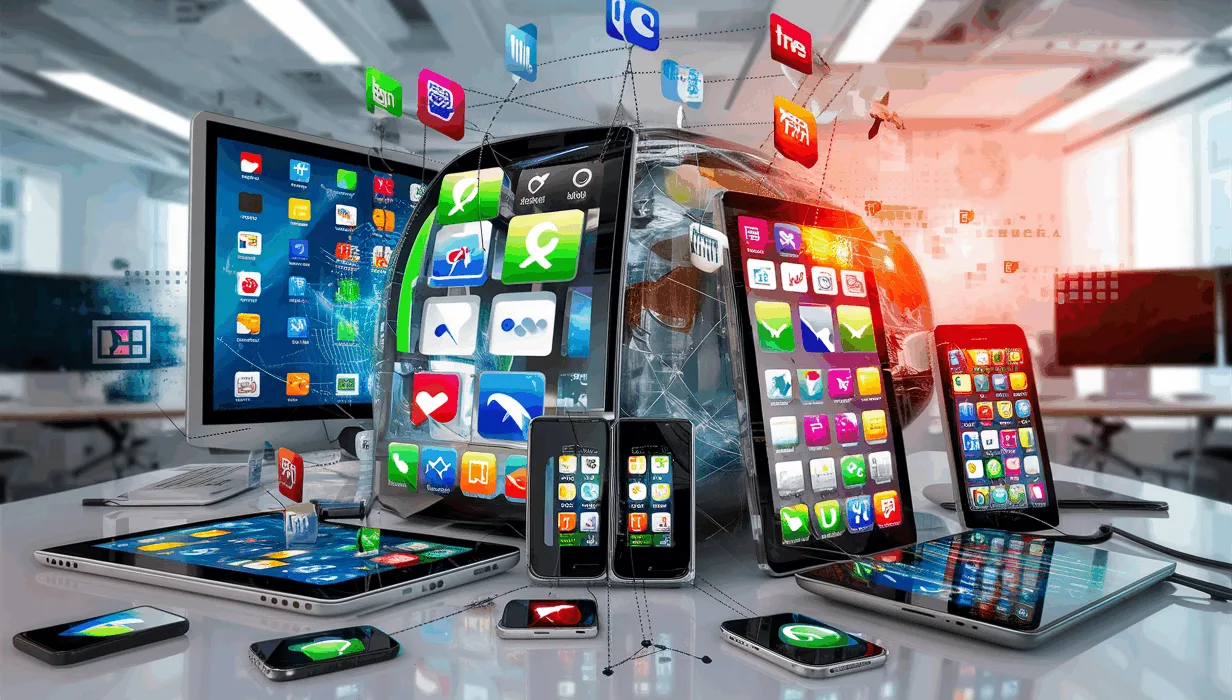 Realistic image of multiple messaging apps integrated into one unified platform shown on various smart devices in a bright modern office, illustrating efficient communication for IT business users.