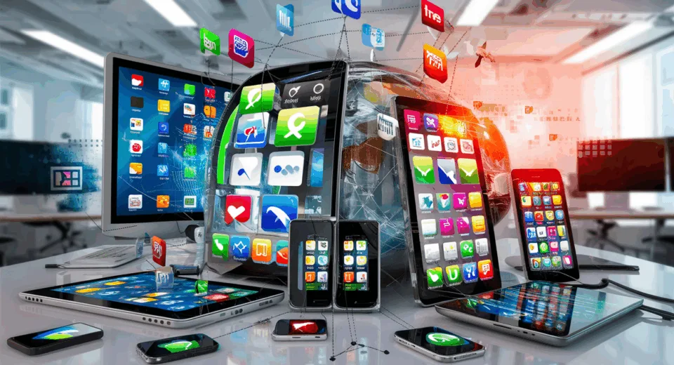Realistic image of multiple messaging apps integrated into one unified platform shown on various smart devices in a bright modern office, illustrating efficient communication for IT business users.