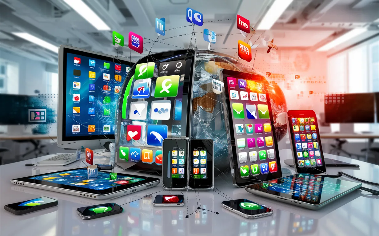 Realistic image of multiple messaging apps integrated into one unified platform shown on various smart devices in a bright modern office, illustrating efficient communication for IT business users.
