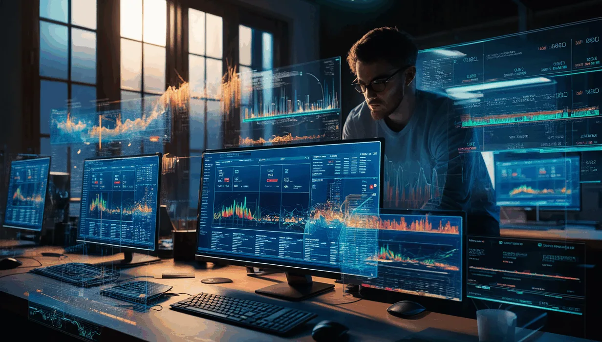 Realistic workspace with multiple screens showing dynamic real-time web application performance graphs and a developer analyzing data, symbolizing live web app monitoring.