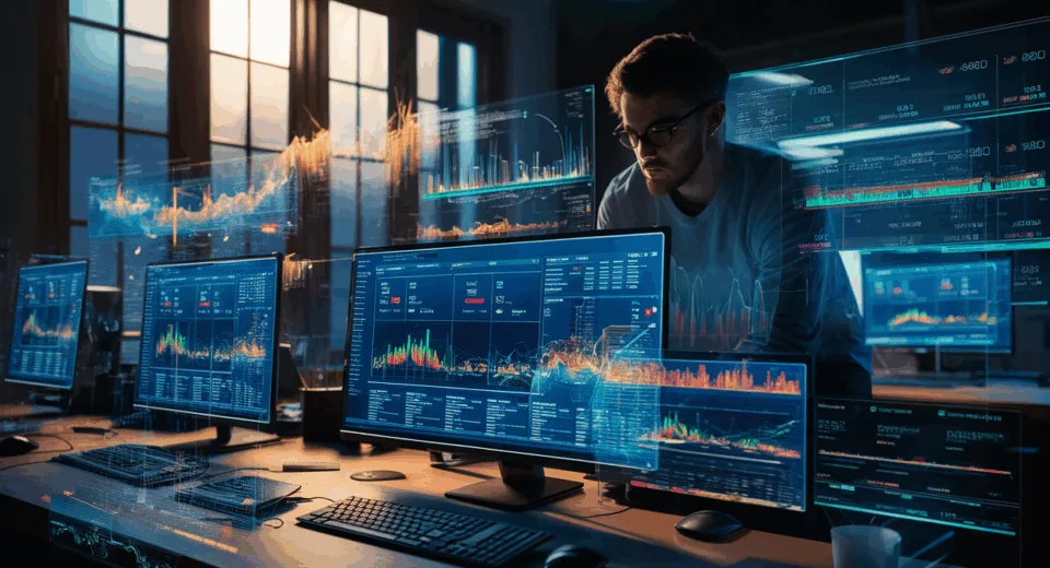 Realistic workspace with multiple screens showing dynamic real-time web application performance graphs and a developer analyzing data, symbolizing live web app monitoring.