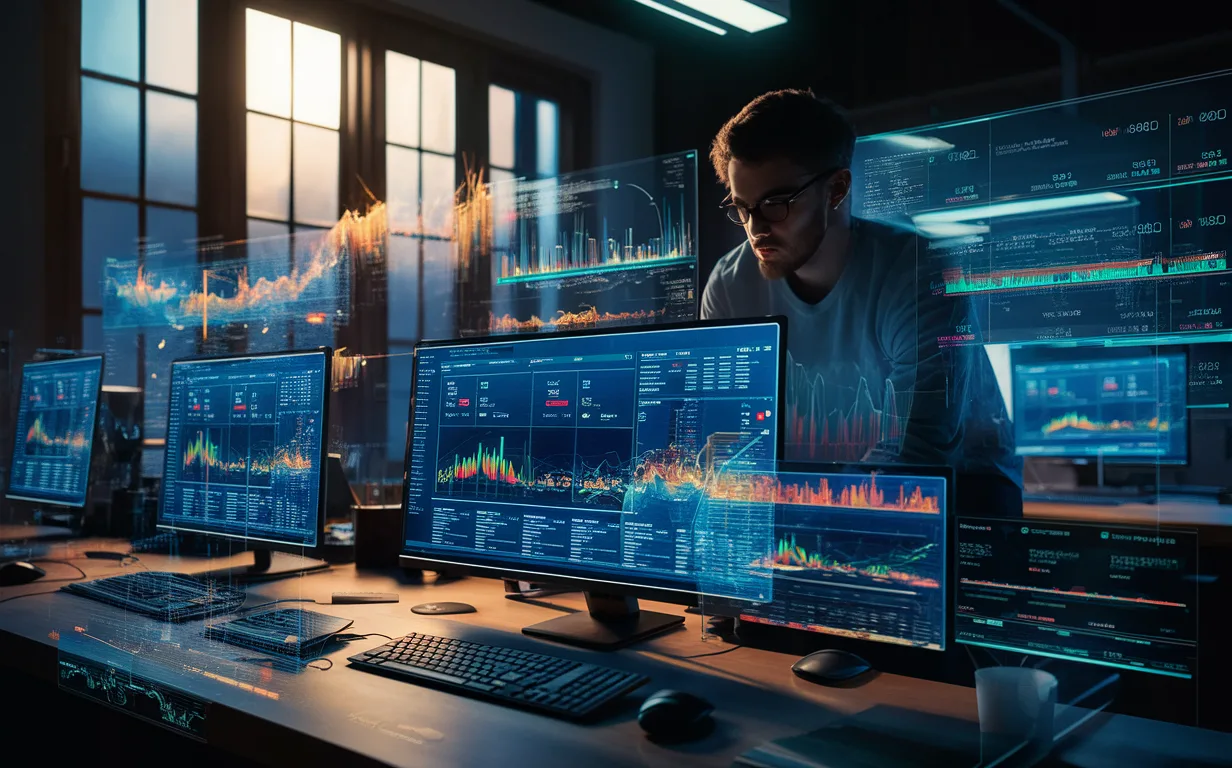 Realistic workspace with multiple screens showing dynamic real-time web application performance graphs and a developer analyzing data, symbolizing live web app monitoring.
