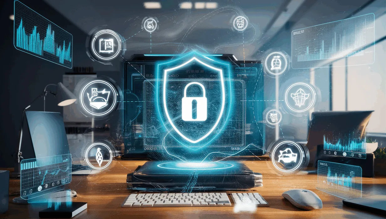 Realistic 4K image depicting a futuristic digital copyright management and monetization environment with holographic interfaces and streaming icons in a modern workspace.