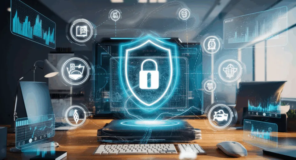 Realistic 4K image depicting a futuristic digital copyright management and monetization environment with holographic interfaces and streaming icons in a modern workspace.