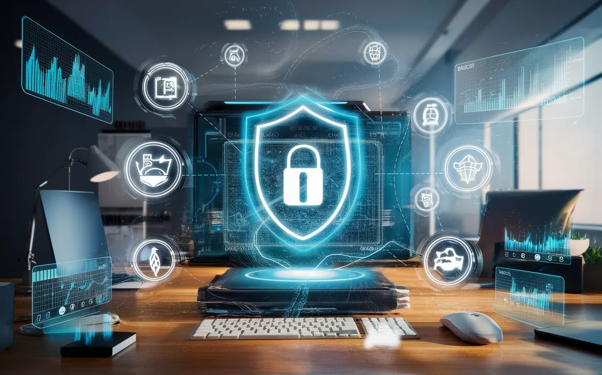 Realistic 4K image depicting a futuristic digital copyright management and monetization environment with holographic interfaces and streaming icons in a modern workspace.