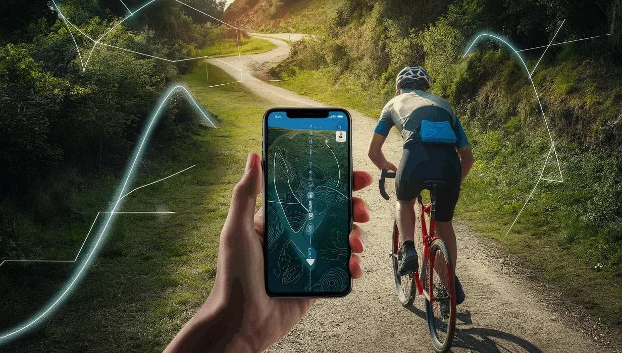Realistic image of a cyclist holding a smartphone showing a GPS bike route app on a scenic trail in natural daylight, highlighting modern navigation technology.