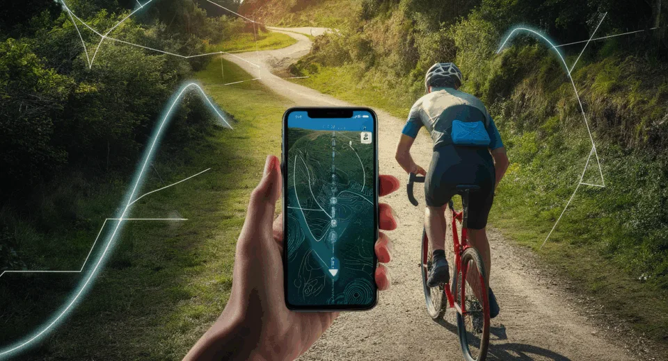 Realistic image of a cyclist holding a smartphone showing a GPS bike route app on a scenic trail in natural daylight, highlighting modern navigation technology.