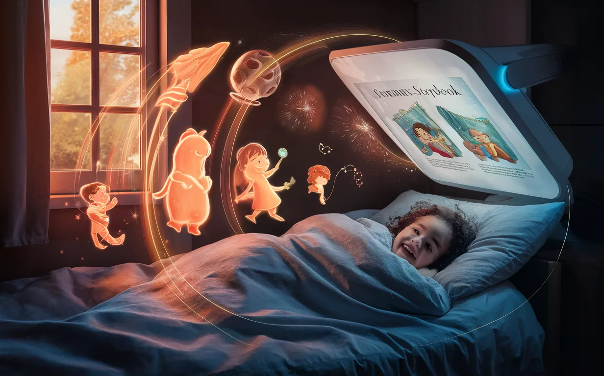 Realistic image of a child in a cozy bedroom watching an AI device projecting a personalized animated bedtime story with warm natural lighting and imaginative story characters floating around.