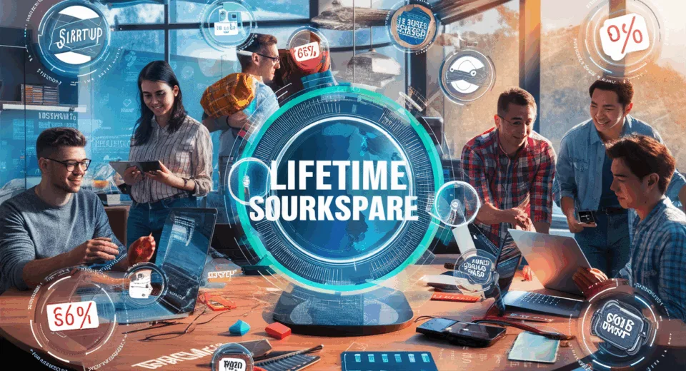 Realistic workspace scene showing young entrepreneurs engaging with digital software marketplace interfaces, symbolizing lifetime software deals for startup founders.