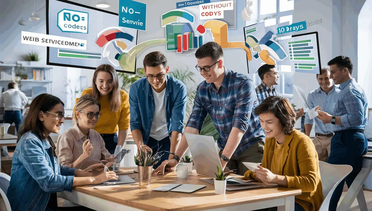 A group of young professionals collaborating in a bright modern workspace using no-code tools for rapid web service development.