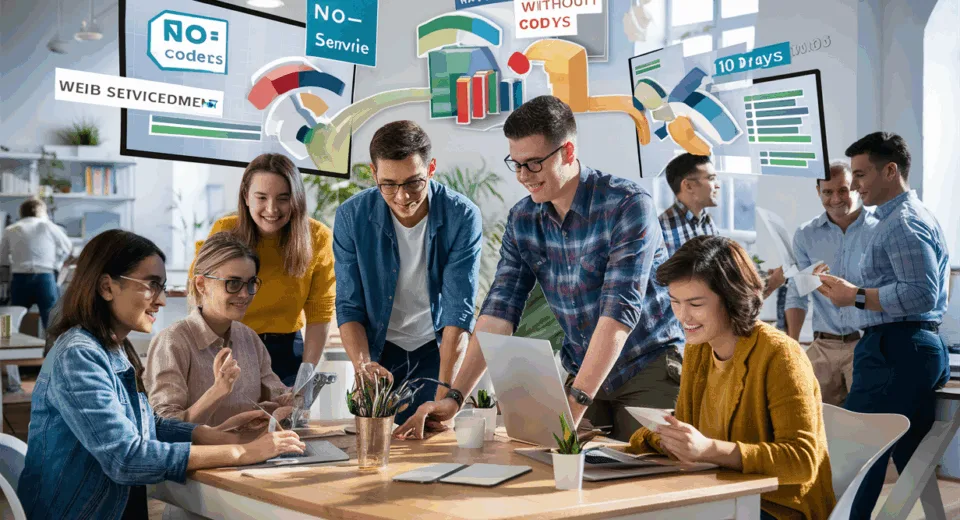 A group of young professionals collaborating in a bright modern workspace using no-code tools for rapid web service development.
