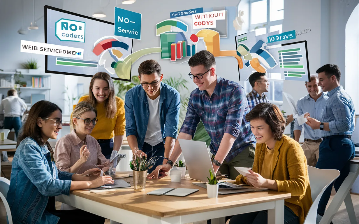 A group of young professionals collaborating in a bright modern workspace using no-code tools for rapid web service development.