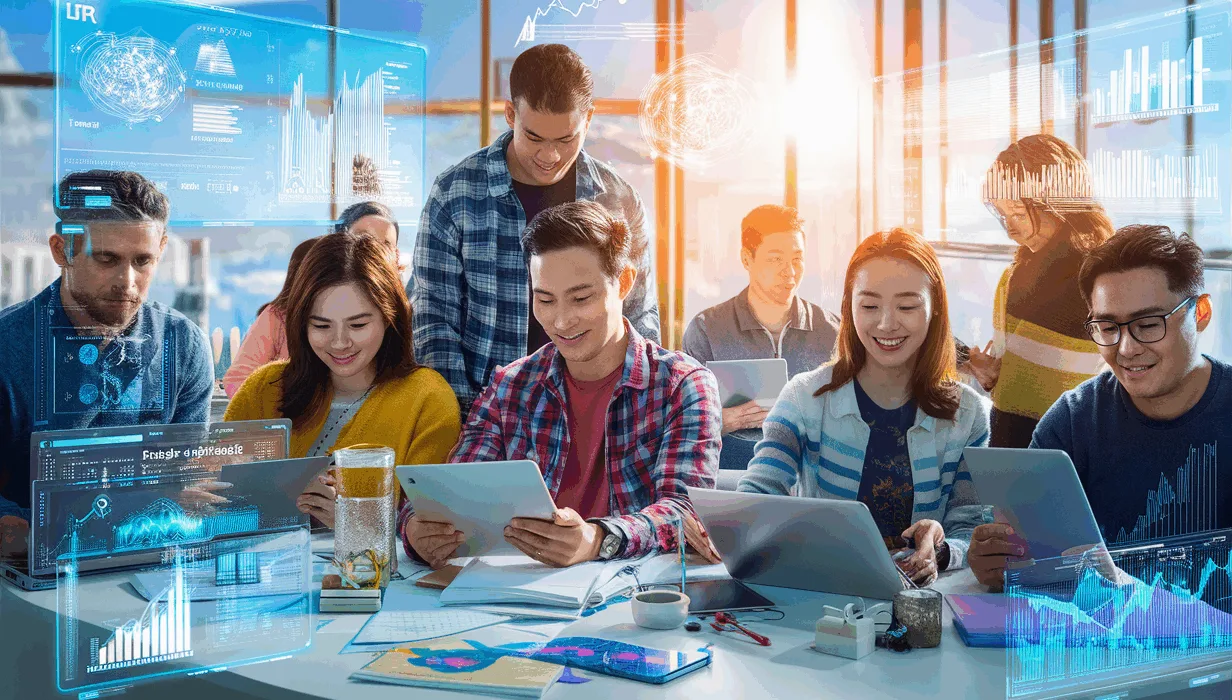 Futuristic AI-powered personalized learning platform interface with diverse learners interacting with digital devices in a bright, modern tech environment.