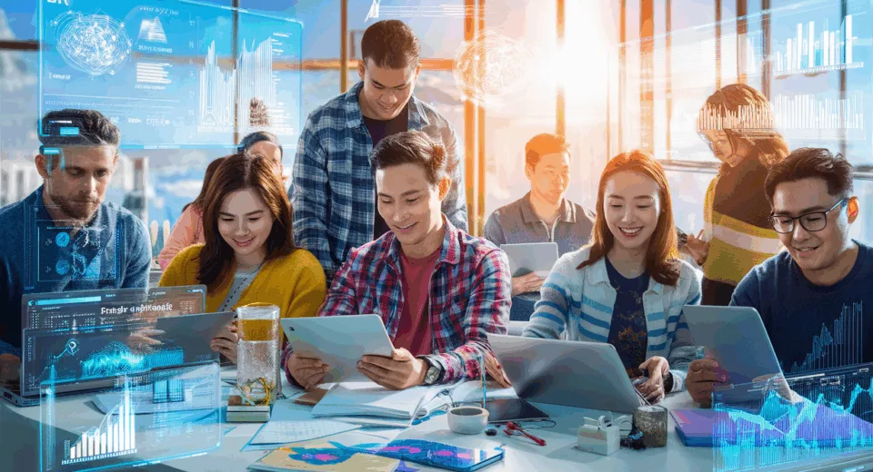 Futuristic AI-powered personalized learning platform interface with diverse learners interacting with digital devices in a bright, modern tech environment.