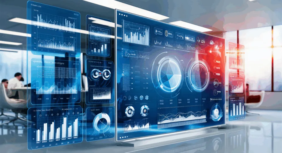 Futuristic business dashboard with multiple holographic data screens displaying real-time charts and graphs in a modern office setting.