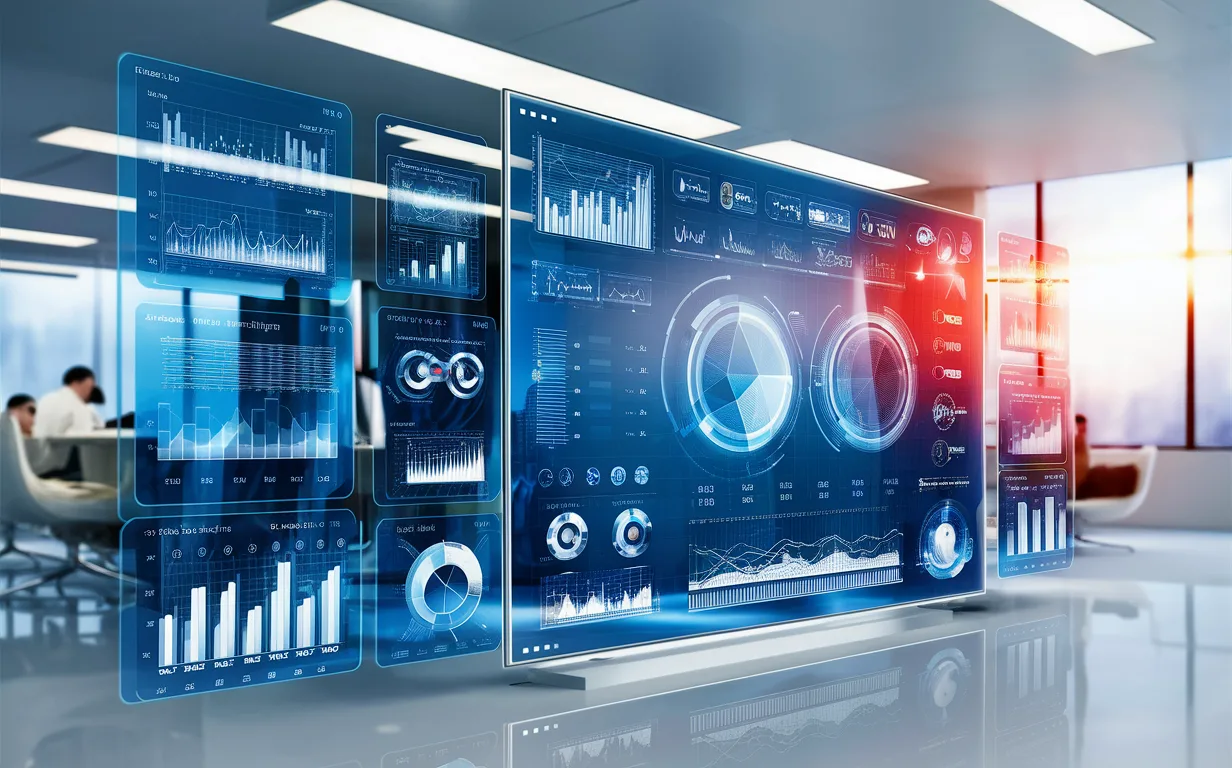 Futuristic business dashboard with multiple holographic data screens displaying real-time charts and graphs in a modern office setting.