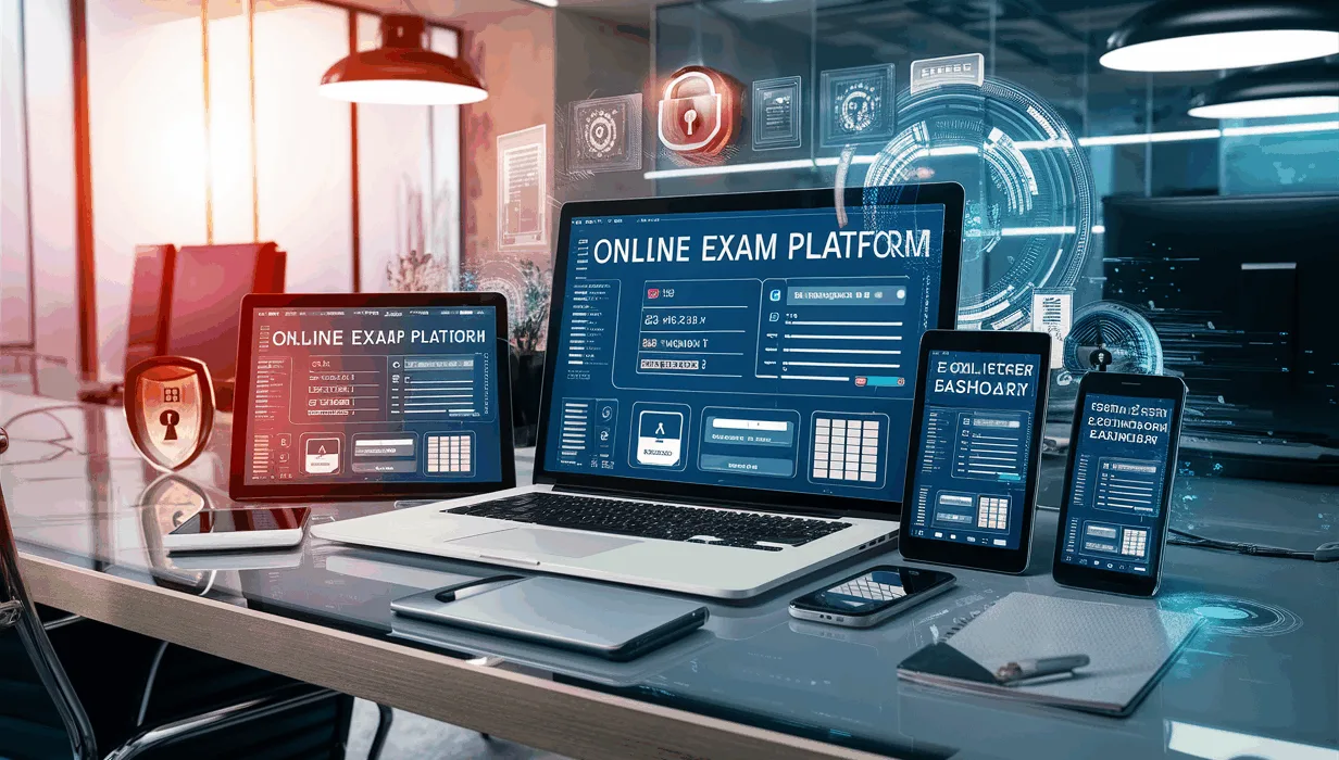 Realistic 4K image of multiple digital devices showing a secure online exam platform dashboard with digital security symbols, set on a modern office desk with natural light.