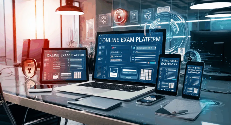 Realistic 4K image of multiple digital devices showing a secure online exam platform dashboard with digital security symbols, set on a modern office desk with natural light.