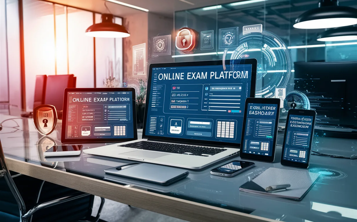 Realistic 4K image of multiple digital devices showing a secure online exam platform dashboard with digital security symbols, set on a modern office desk with natural light.