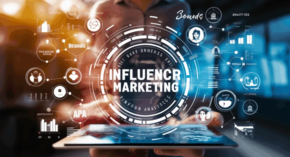 Realistic digital workspace concept showing networked brands and influencers connected with campaign analytics in a modern influencer marketing platform.