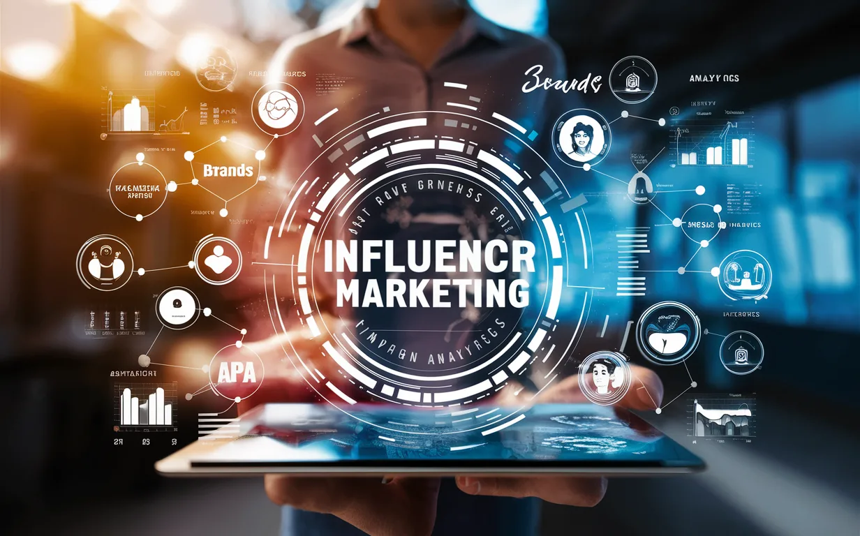 Realistic digital workspace concept showing networked brands and influencers connected with campaign analytics in a modern influencer marketing platform.