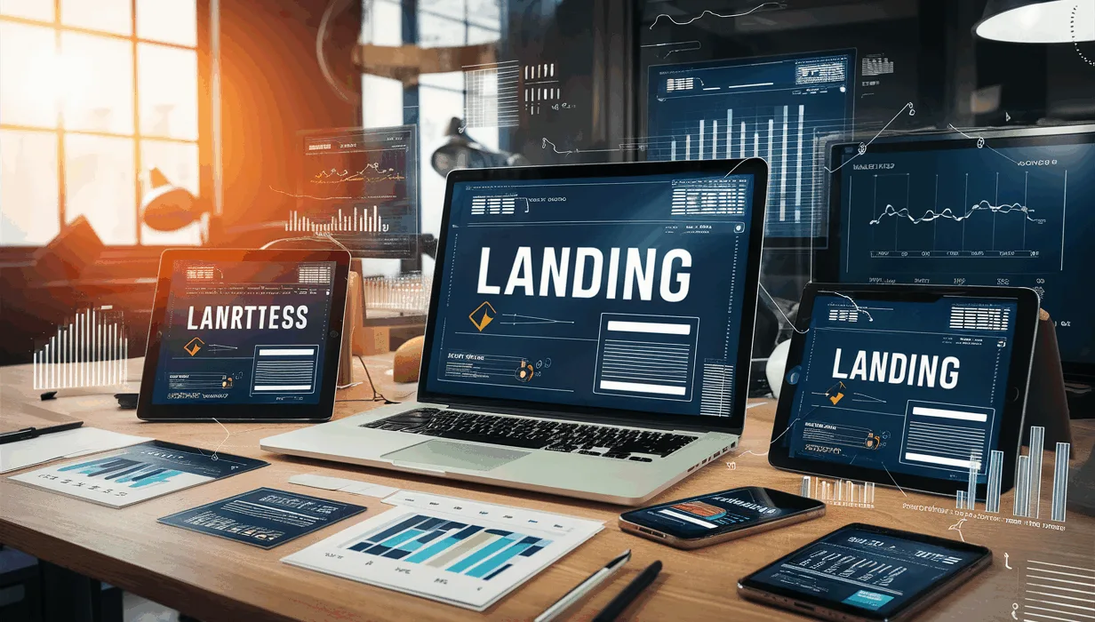 A realistic, natural light-lit modern workspace showing multiple devices with landing page designs and marketing analytics, illustrating a no-code landing page optimization platform.