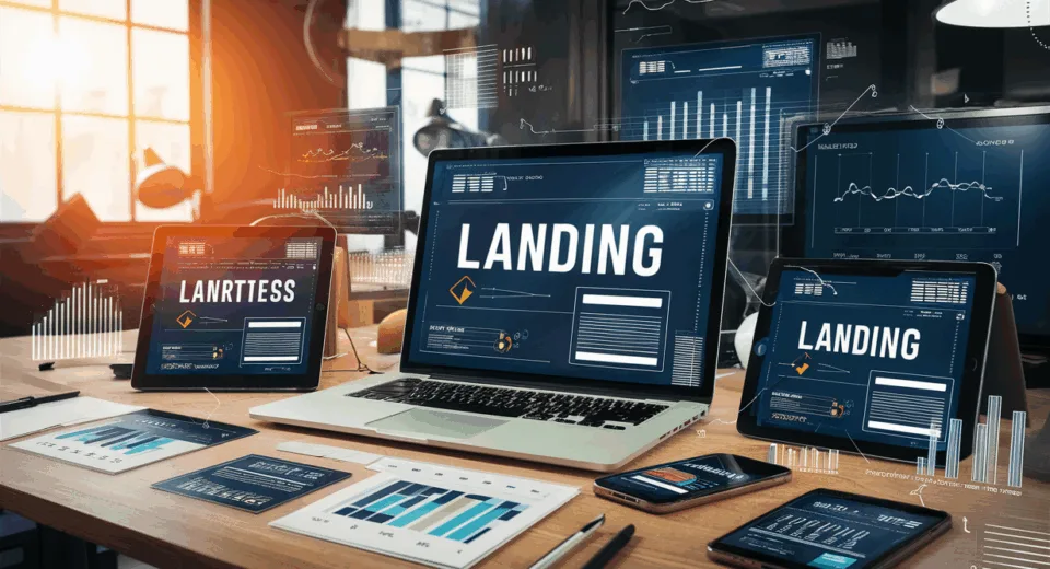 A realistic, natural light-lit modern workspace showing multiple devices with landing page designs and marketing analytics, illustrating a no-code landing page optimization platform.