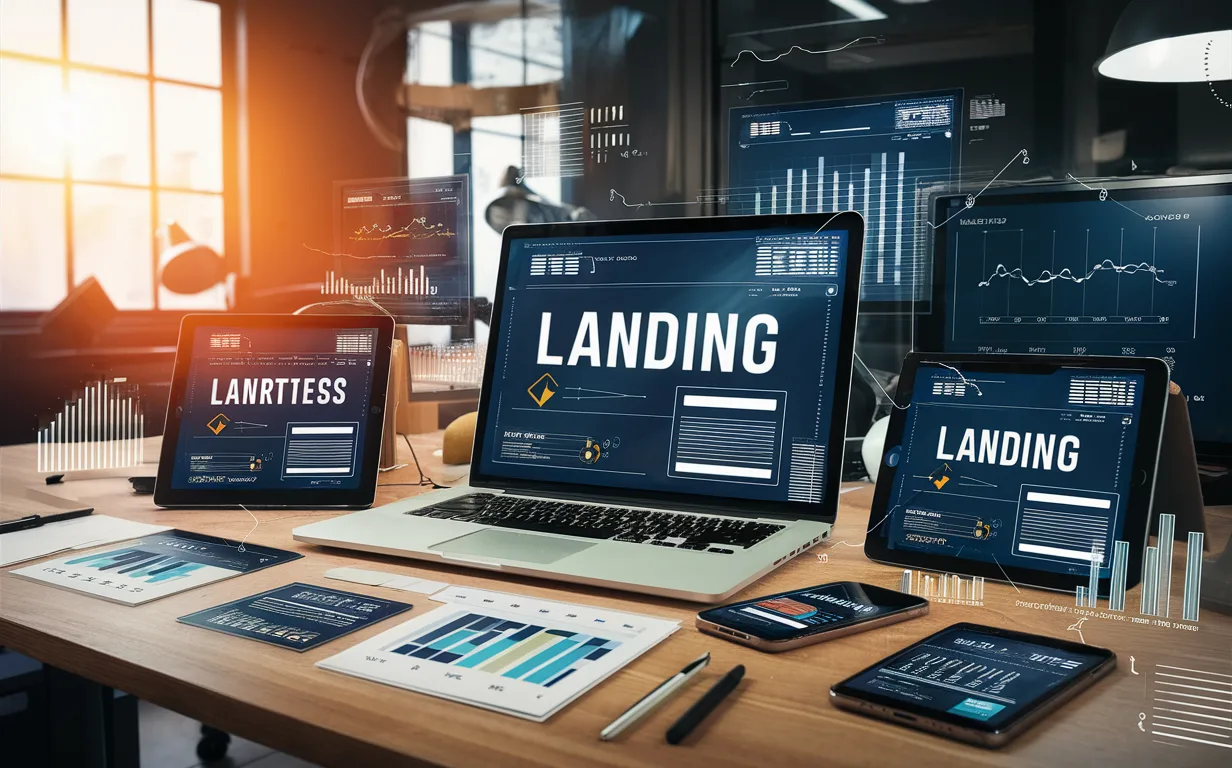 A realistic, natural light-lit modern workspace showing multiple devices with landing page designs and marketing analytics, illustrating a no-code landing page optimization platform.
