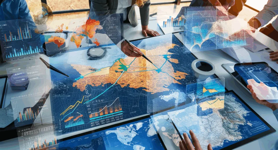 Realistic office scene with professionals analyzing geographic sales data on holographic maps and charts, illustrating data-driven sales strategy optimization using geospatial analysis.