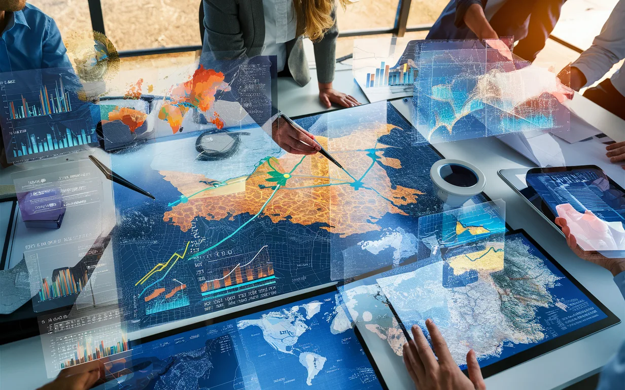 Realistic office scene with professionals analyzing geographic sales data on holographic maps and charts, illustrating data-driven sales strategy optimization using geospatial analysis.