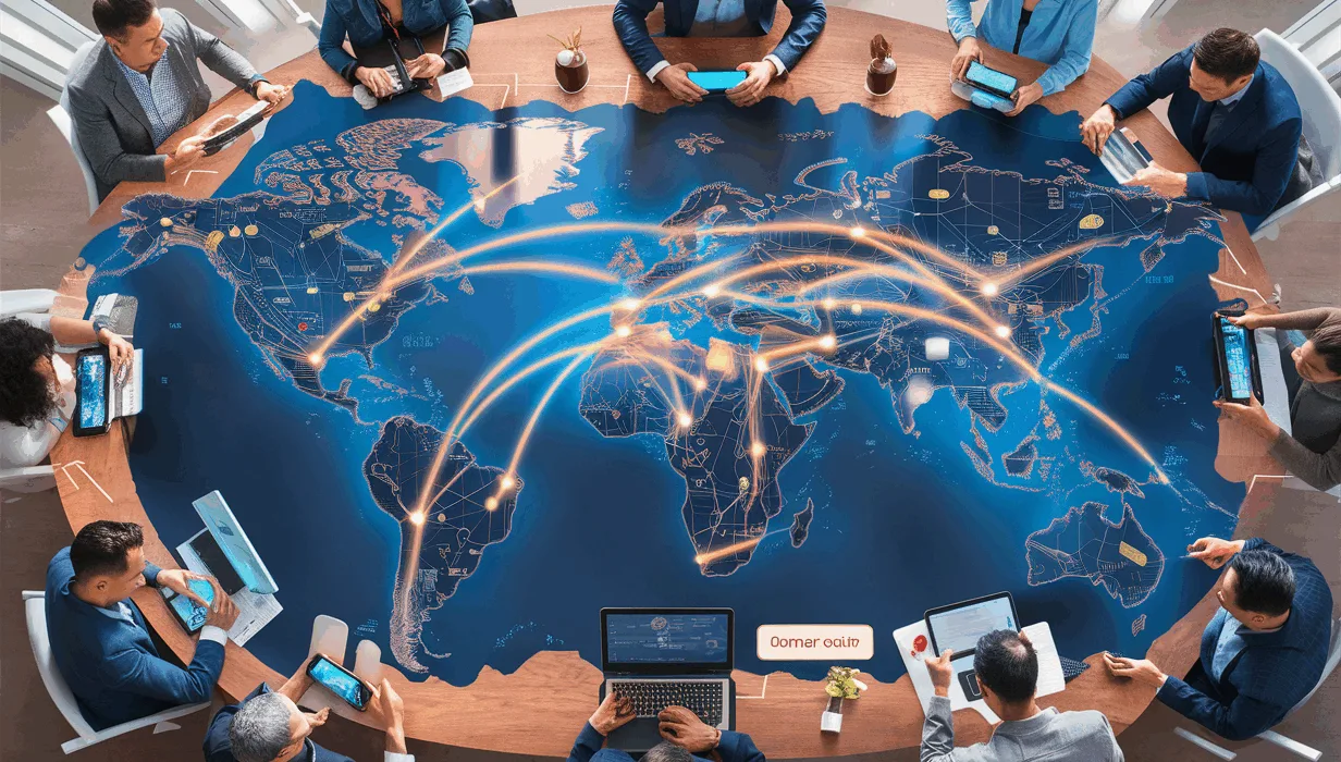 Realistic 4K image of a global freelance marketplace with professionals connected worldwide through digital links, symbolizing remote talent hiring.