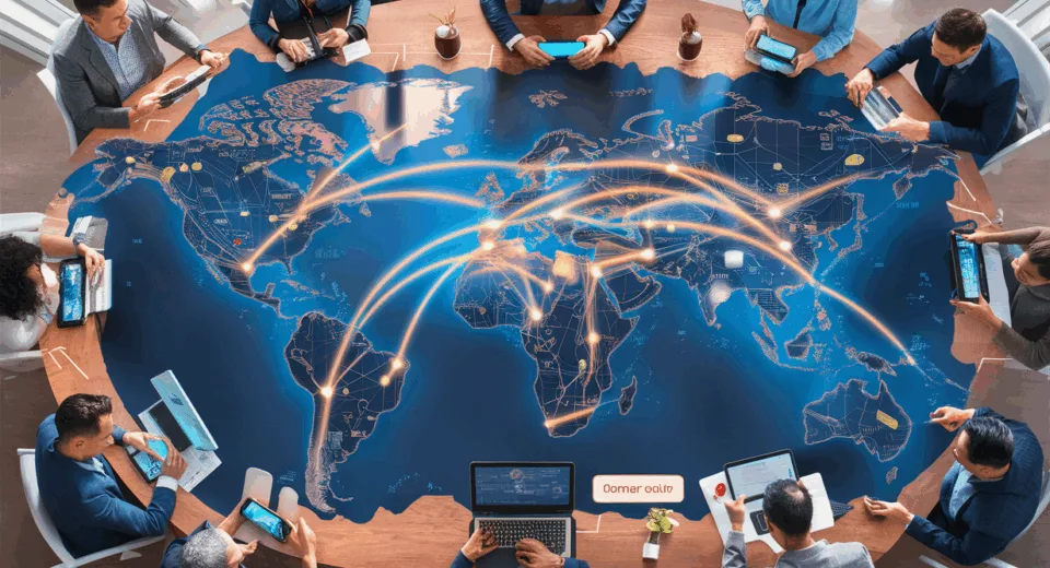 Realistic 4K image of a global freelance marketplace with professionals connected worldwide through digital links, symbolizing remote talent hiring.