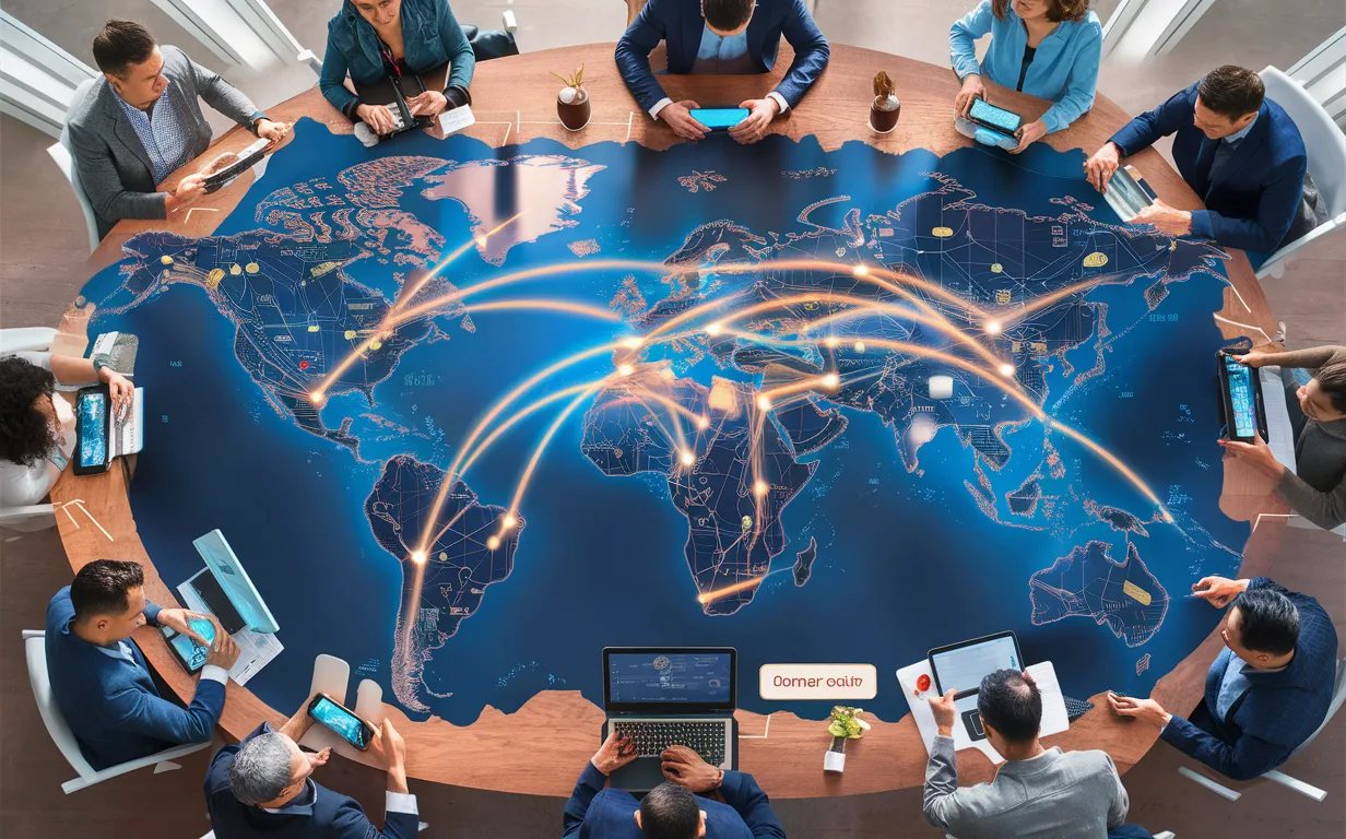 Realistic 4K image of a global freelance marketplace with professionals connected worldwide through digital links, symbolizing remote talent hiring.