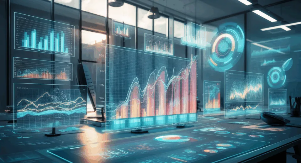 Realistic image of a modern digital workspace with advanced interactive data visualization charts floating holographically, representing a business-focused chart library solution.