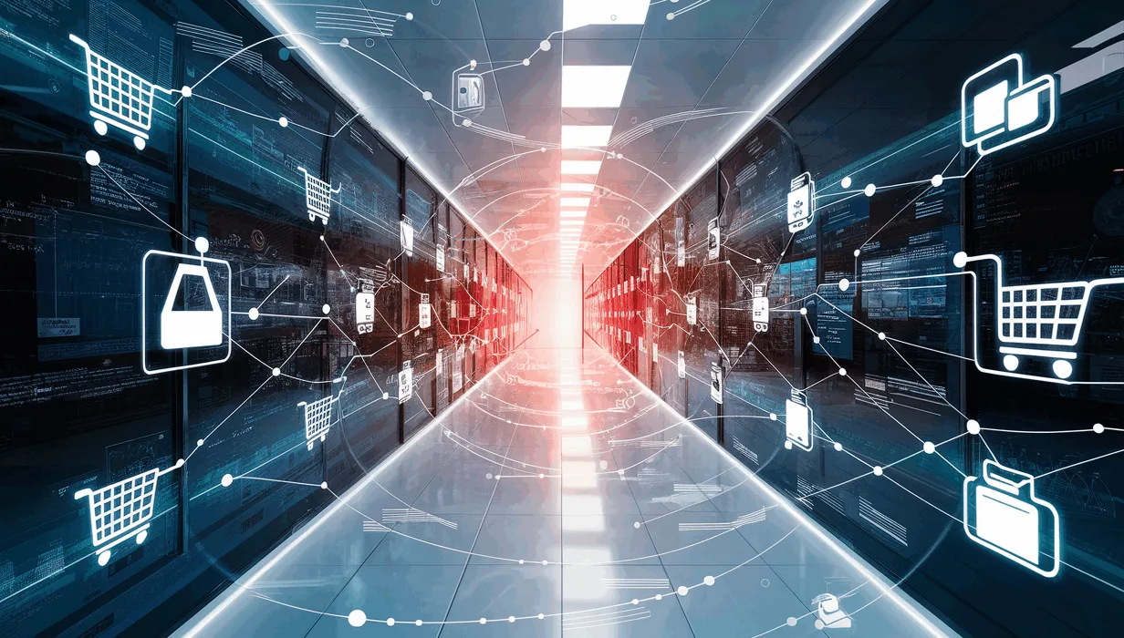 Realistic 4K image illustrating a digital e-commerce platform with interconnected elements representing affiliate marketing management for online shopping malls.