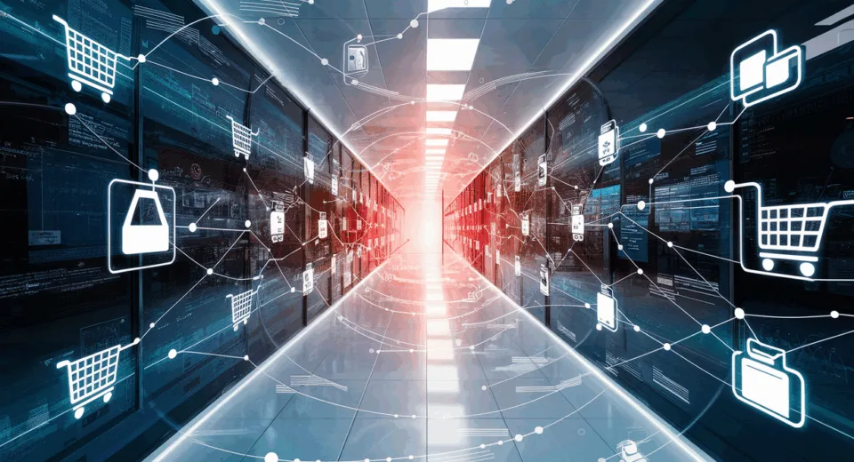 Realistic 4K image illustrating a digital e-commerce platform with interconnected elements representing affiliate marketing management for online shopping malls.