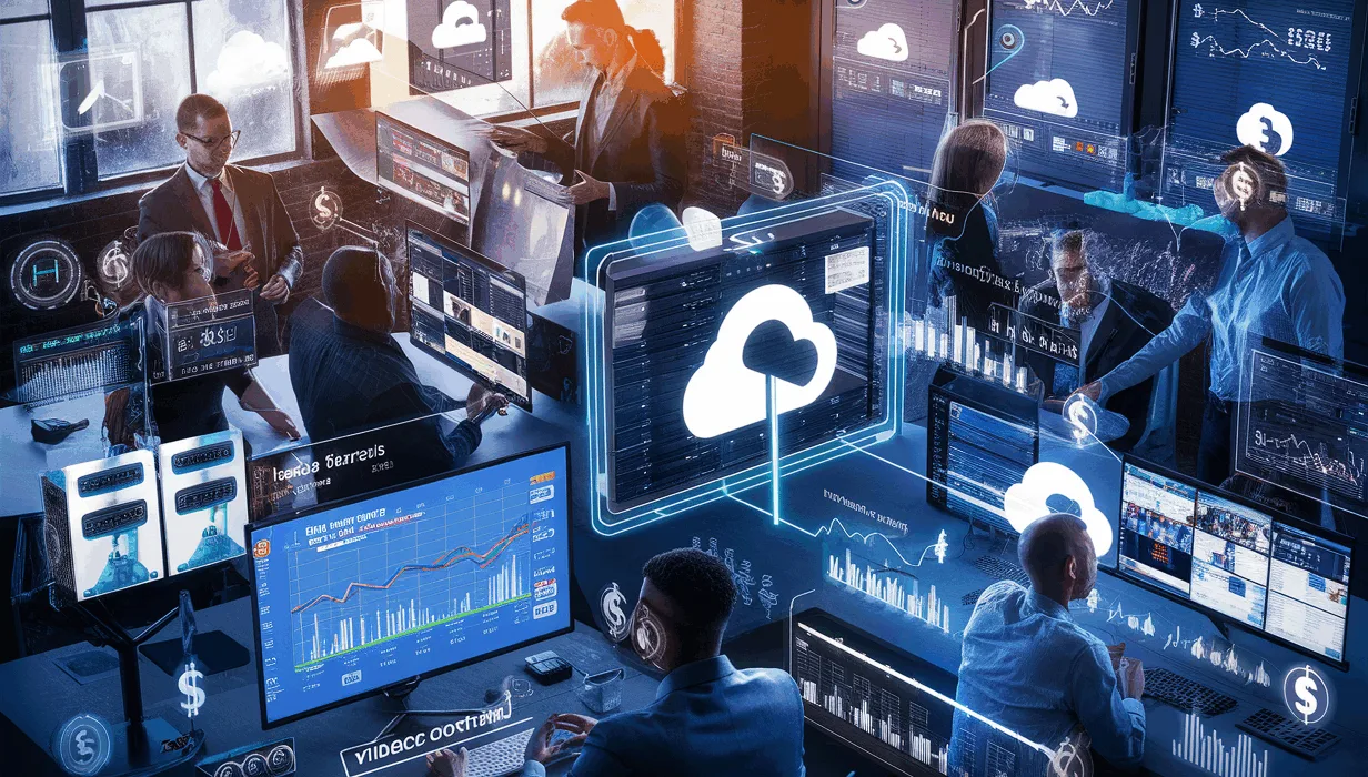Modern professional workspace showing video streaming and monetization technology with multiple digital screens and diverse professionals in a sleek, high-tech environment.