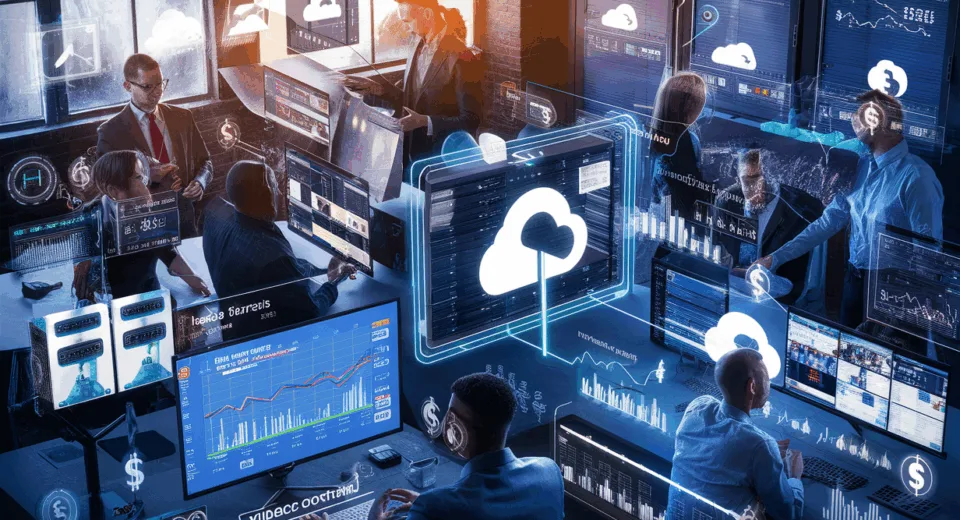 Modern professional workspace showing video streaming and monetization technology with multiple digital screens and diverse professionals in a sleek, high-tech environment.