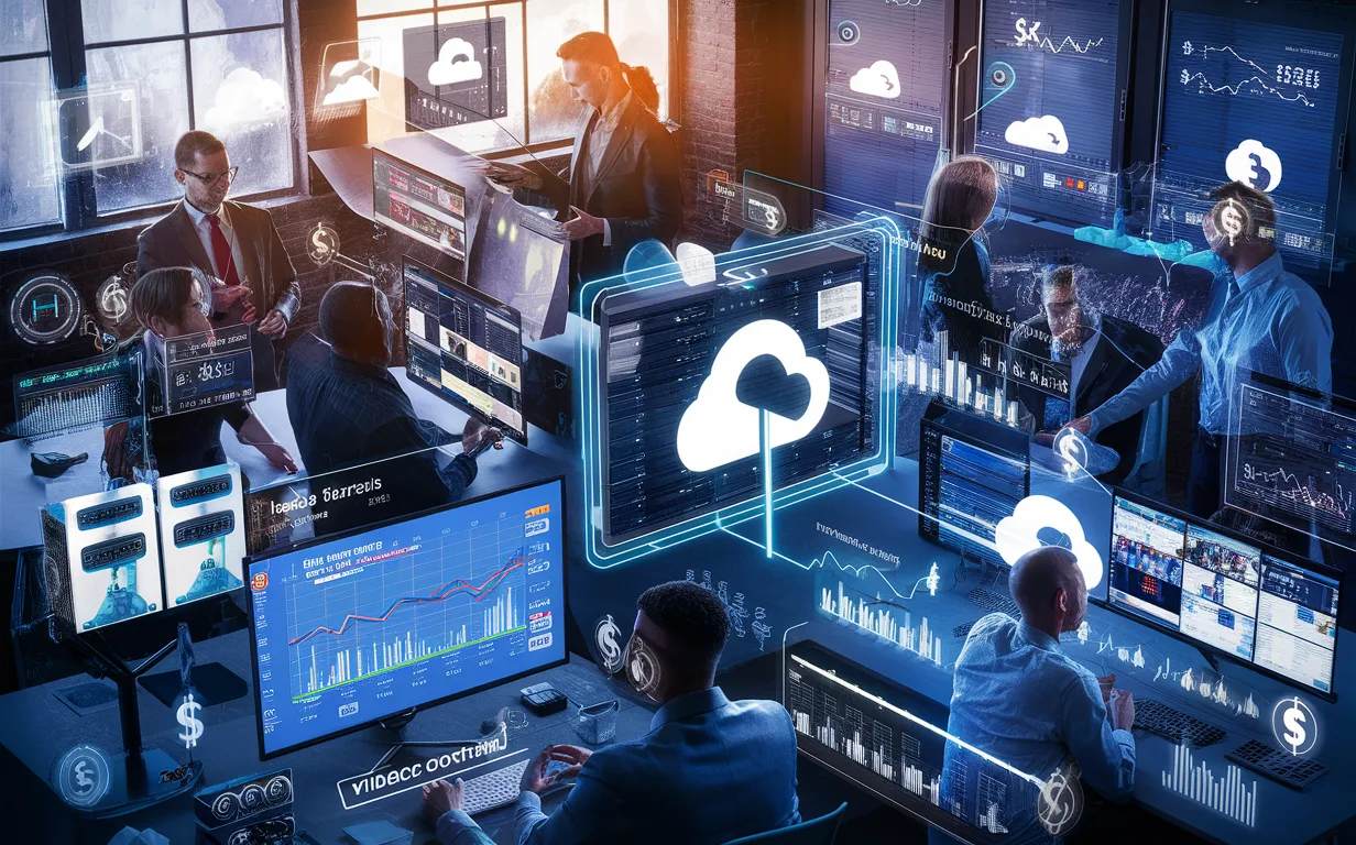 Modern professional workspace showing video streaming and monetization technology with multiple digital screens and diverse professionals in a sleek, high-tech environment.